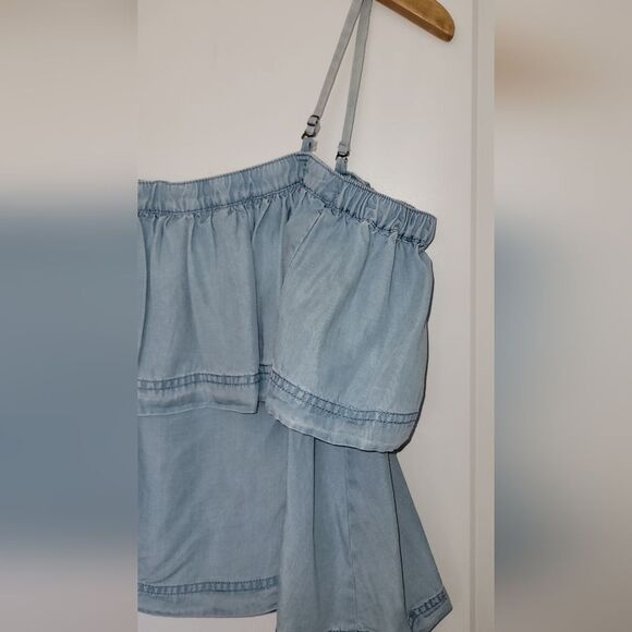 Free People Light Blue Chambray  Denim Crop Tank Off Shoulder Ruffle Top Small - Picture 6 of 16